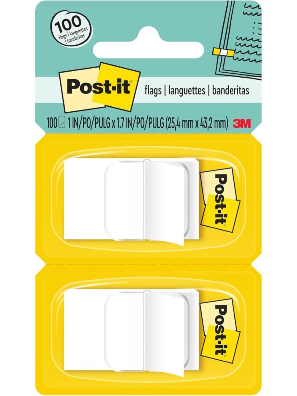 Flags, 1 x 1.7 in, White, 2 Dispensers, 50 Flags/Dispenser